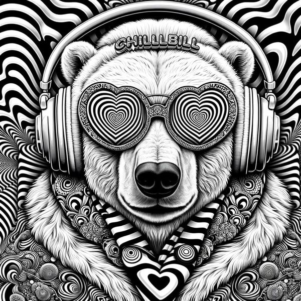 Op-art illustration of a polar bear in heart-shaped sunglasses and chillbill headphones